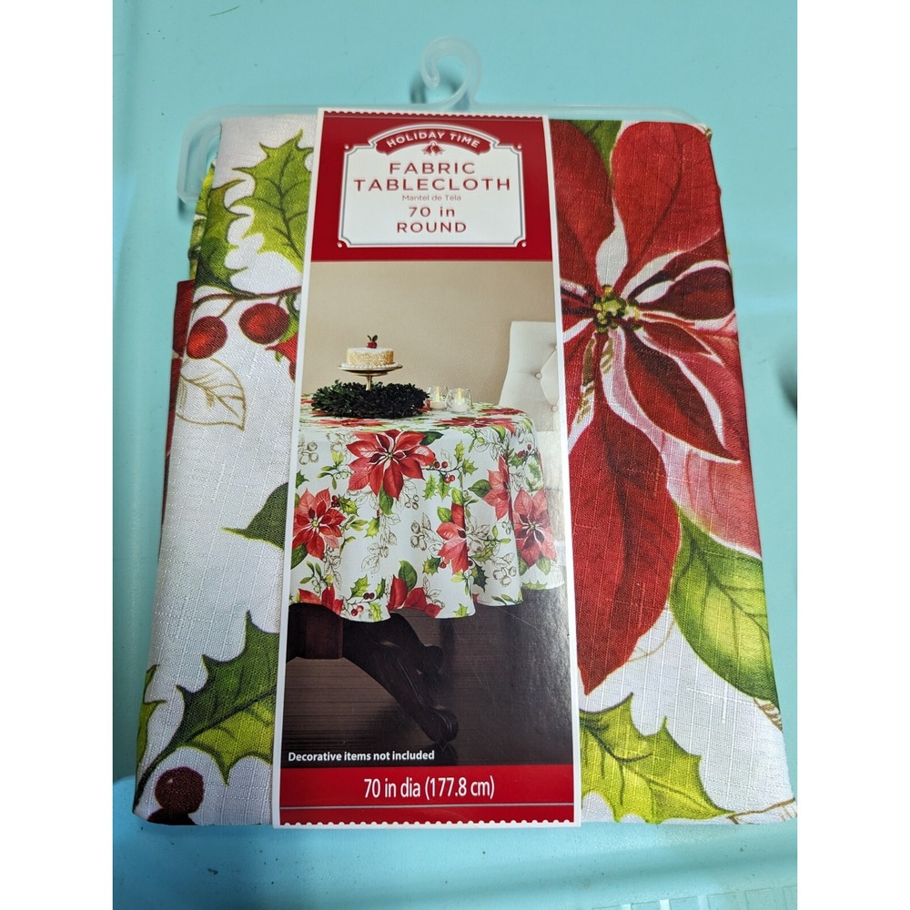 Holiday Time Christmas Poinsettia 70" Round Tablecloth NEW Winter Flowers